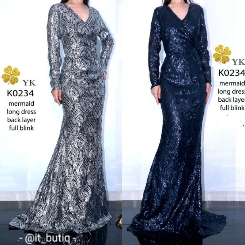 Longdress Hitam Navy sequin Bling blink -  Gaun Pesta Singer Show Hijab Lebaran lengan panjang K0234