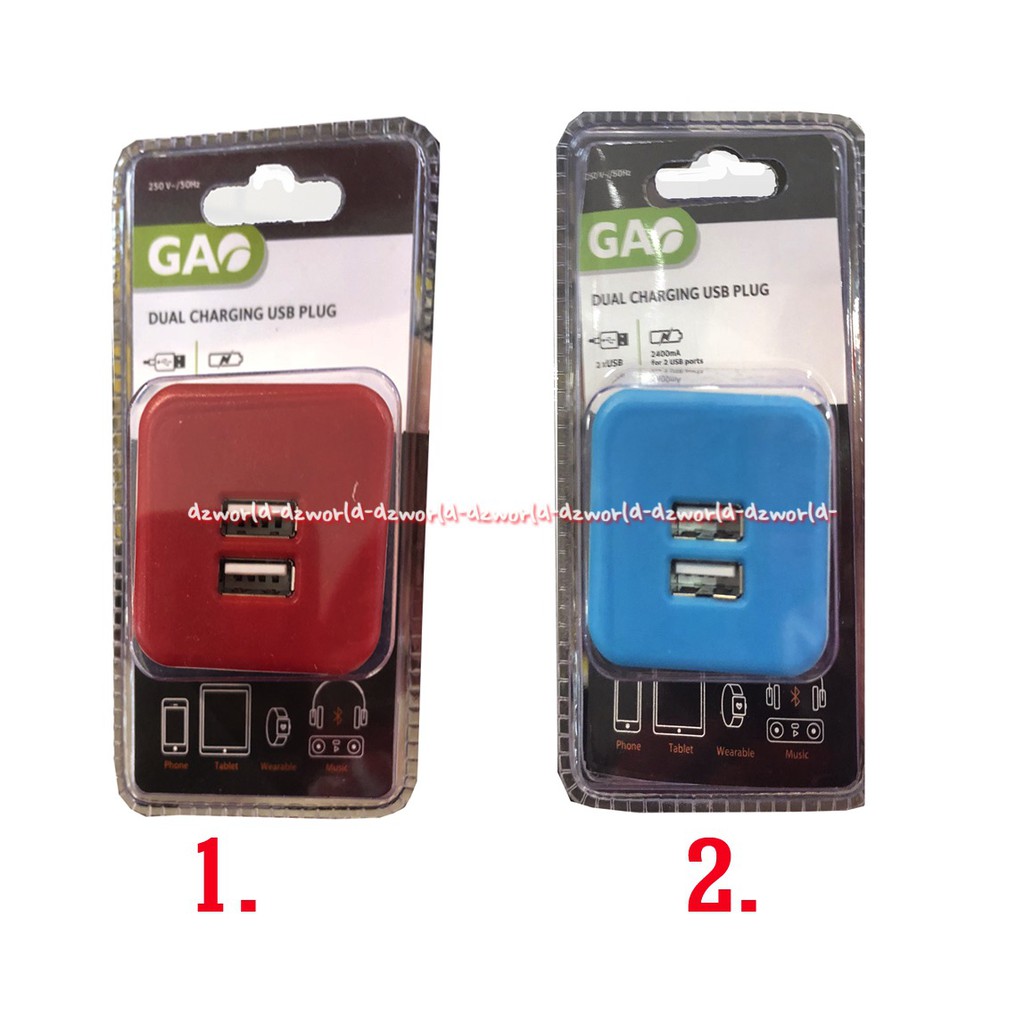 Gao Dual Charging USB Plug With Timer Adaptor Colokan USB Travel Charger Warna Biru Merah