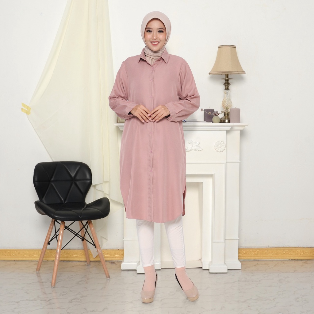 Long Tunik Oval Kemeja Kancing Lengan Panjang