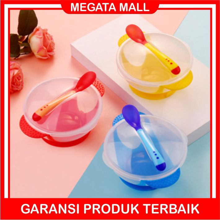 ♫ Megata ♫ A113 Mangkok Sensor Panas Anti Tumpah Bayi Anti Slip Sendok Tutup Makan Import Premium