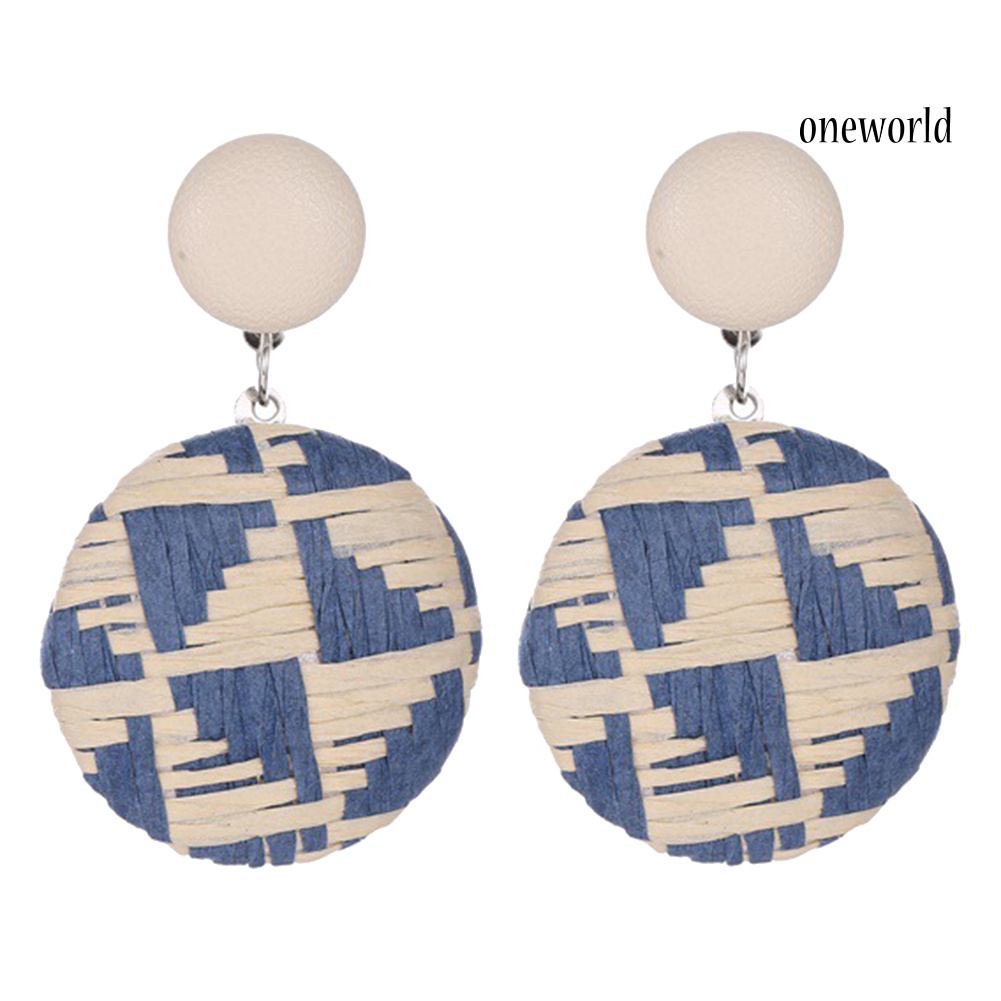 OW@ Boho Women Geometric Round Button Woven Straw Dangle Stud Earrings Jewelry