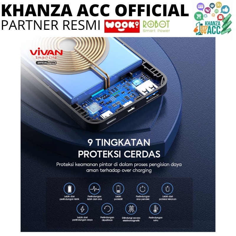 KHANZAACC VIVAN VPB-W11 Powerbank 10000mAh Wireless 3 Output Fast Charging 18W