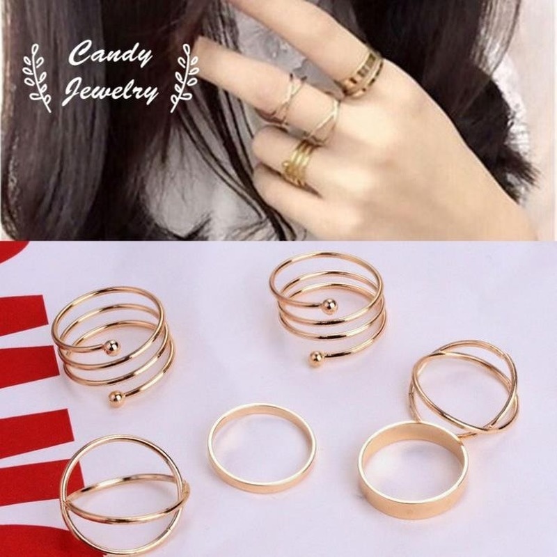 6pcs / Set Cincin Bentuk Geometri Bulat Silang Warna Permen Untuk Wanita