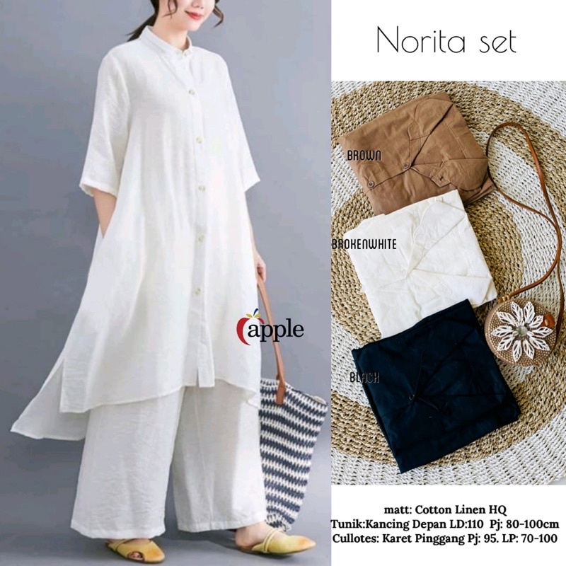 Norita One Set Setelan Tunik & Celana Kulot Katun Linen Polos