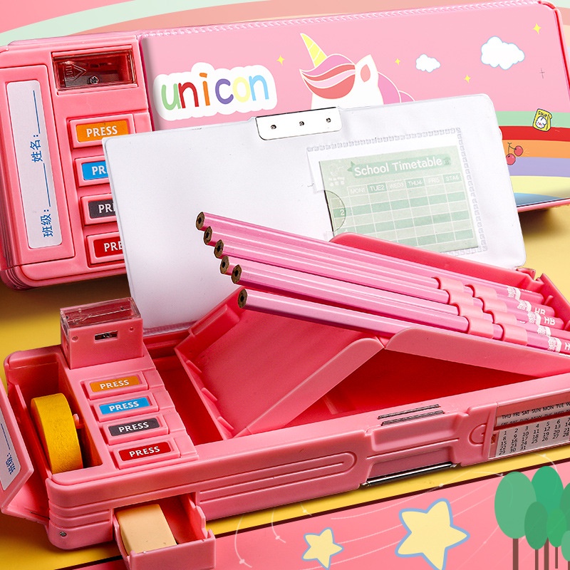 Tempat Pensil Multifungsi Motif Untuk Anak Kotak Pensil Pola Kartun Lapisan Ganda dan Tunggal dengan Rautan Kapasitas