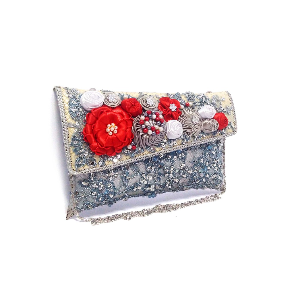 Putra Sukapura Clutch Pesta Anyaman Pandan Eksklusif Silver Red Full Brokat Dompet Wanita