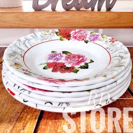 PROMO 6.PCS PIRING MAKAN CEKUNG MOTIF ROSE BAHAN MELAMINE WARE TEBAL DAN KUAT