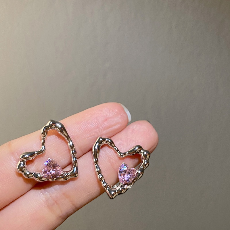 Anting Stud Kristal Zircon Bentuk Hati Ganda Warna Pink Untuk Wanita