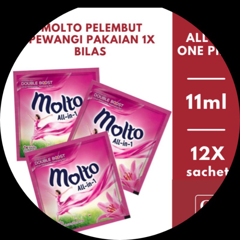 MOLTO SEKALI BILAS all in one, PEWANGI PAKAIAN 1renceng 12  pcs X11ML, PINK