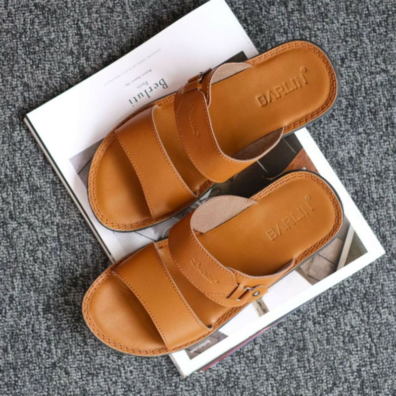 BRLN 005 Tan Sandal Kulit Pria Casual Santai Klasik Sendal Slide Sndal Selop Slop Original Full Kulit Asli