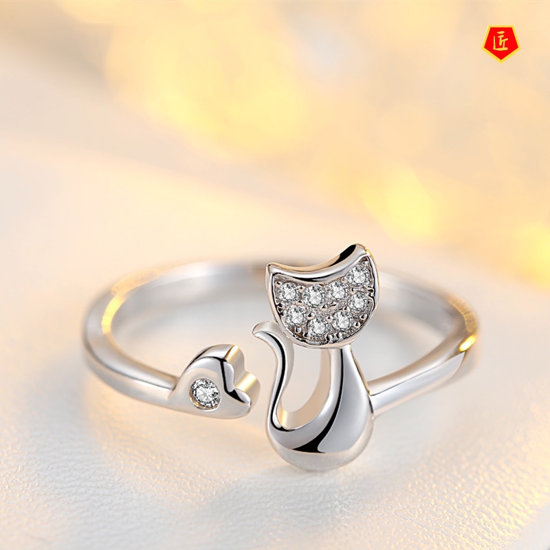 [Ready Stock]Cute Cat Animal Silver Ring Female Fashion Simple