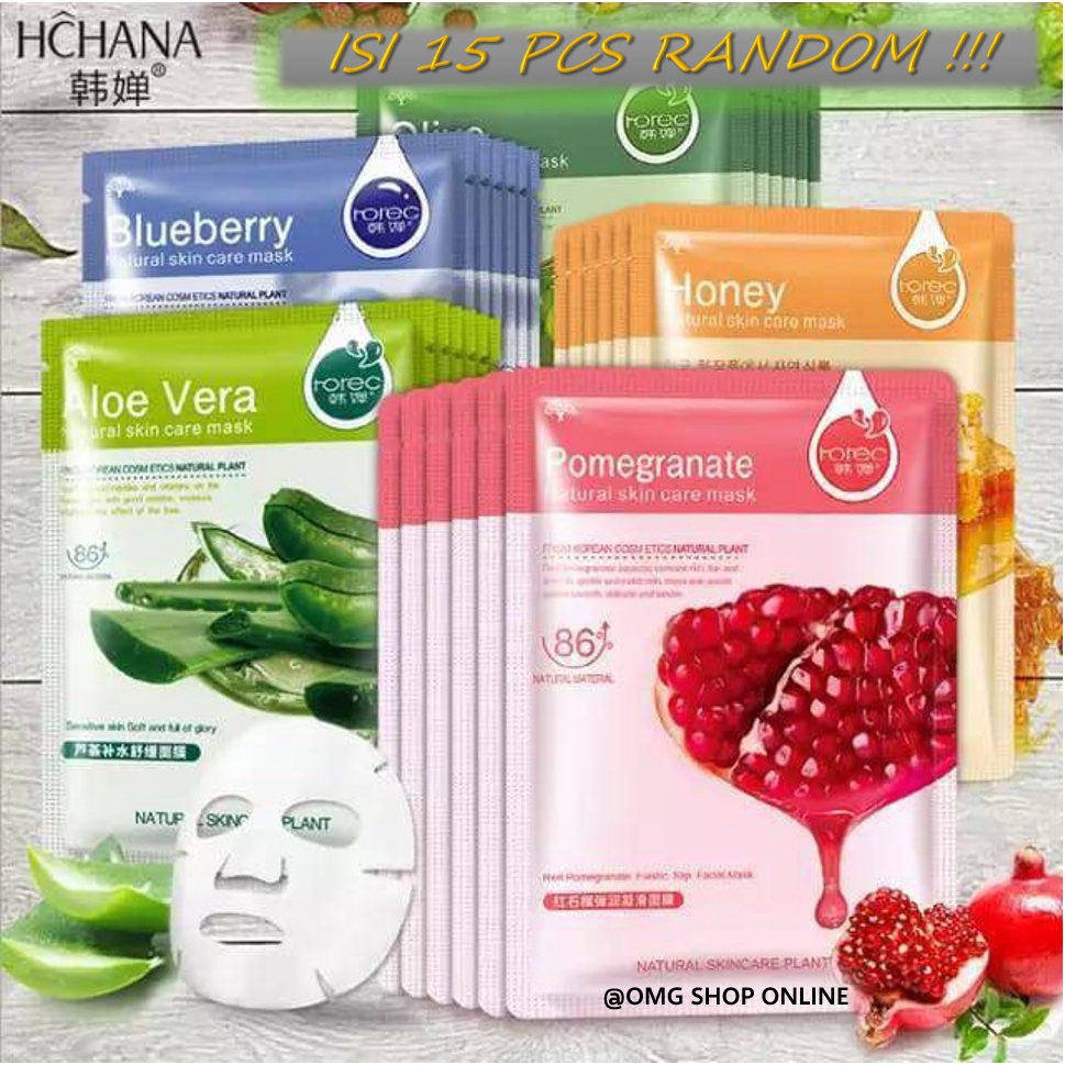 15 Pcs RANDOM Masker Wajah HCHANA Sheet Mask / Masker Muka HCHANA ROREC Facial Sheet Mask Masker Wajah Organik Pemutih dan Glowing / Masker Organik Anti Komedo dan Jerawat / Masker Wajah Korea Murah Pria Wanita