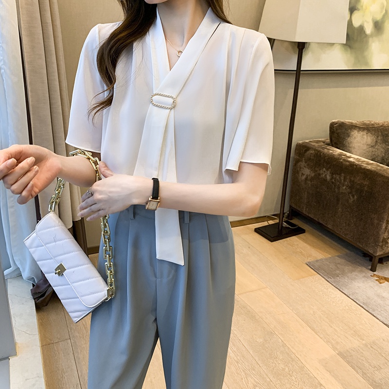 COD New 2022 Fashion Korean Summer Solid Pink Blue Green White Casual Work Short Sleeve Shirts Women Blouse Tops Blus Wanita Lengan Pendek