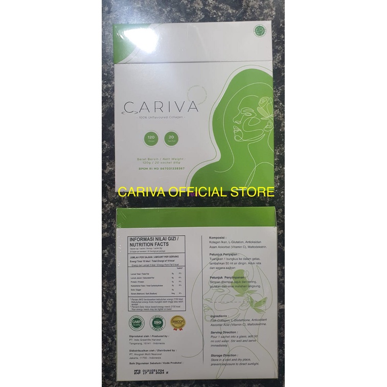 CARIVA Collagen 1 Box Unflavoured Glutahione Antioaxidant Glowing BPOM