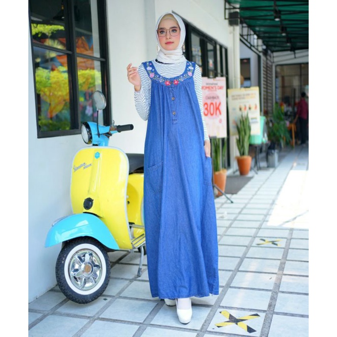 Giska Overall, OVERALL JEANS JUMBO WANITA SUPER CANTIK FIT XXL LD 126 BAHAN JEANS WASH IMPORT MIX BORDIR TERMURAH