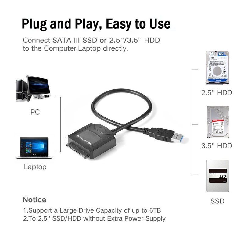 E-yield Kabel Adapter USB 3.0 to SATA for 3.5 / 2.5 Inch HDD SSD - ZD0004 - Black