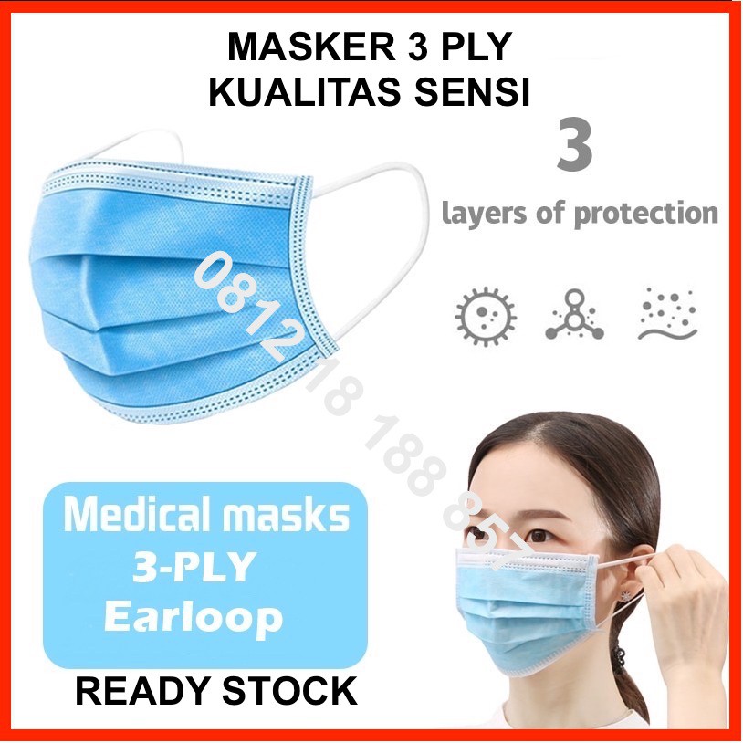 Premium Masker 3 Ply Kualitas SENSI Medis 3 Lapis Surgical Face Mask Earloop Face Medical Biru