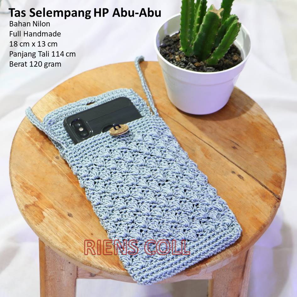 TAS HP RAJUT. TAS HANDPHONE. TAS HP SELEMPANG RAJUT NILON WARNA ABU-ABU. Riens Collections