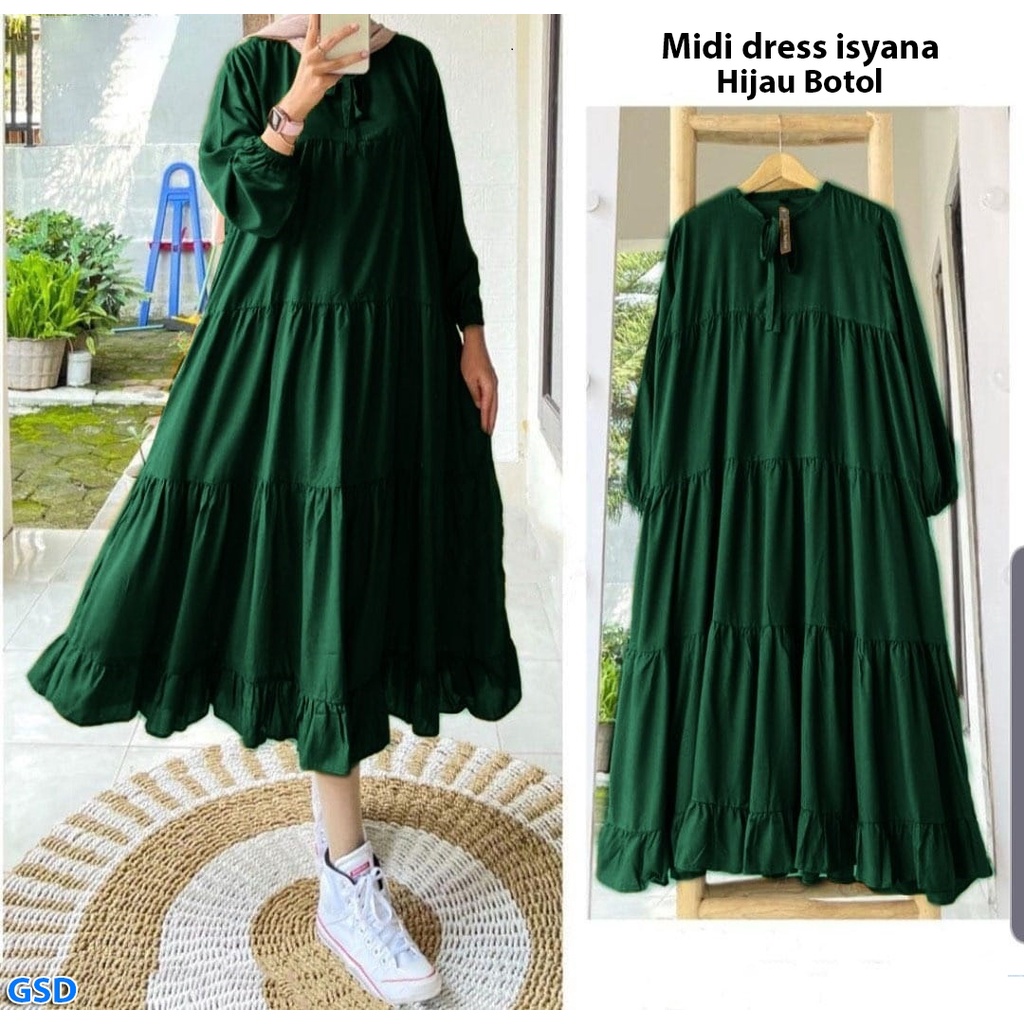 Isyana/Gaun Muslim Dress Midi Wanita Rample Polos Lengan Panjang Bahan Moscrepe Size L