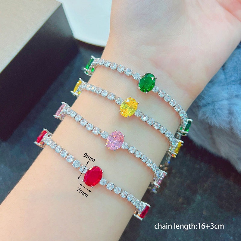 Gelang 925 Silver Bentuk Oval Aksen Ruby Zamrud Untuk Wanita