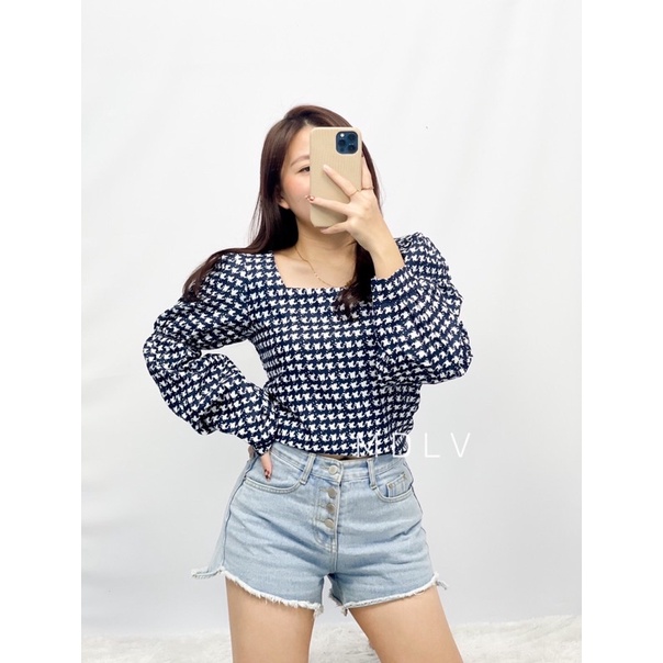 MDLV ~ 2657# Royal Smocked Top Atasan Blouse Houndstooth Fashion Import