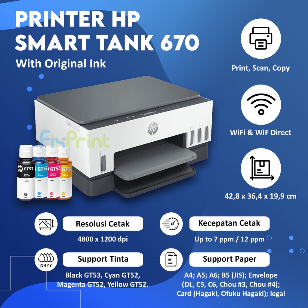 HP Smart Tank 670 Print Scan Copy Wireless Bluetooth Duplex GARANSI