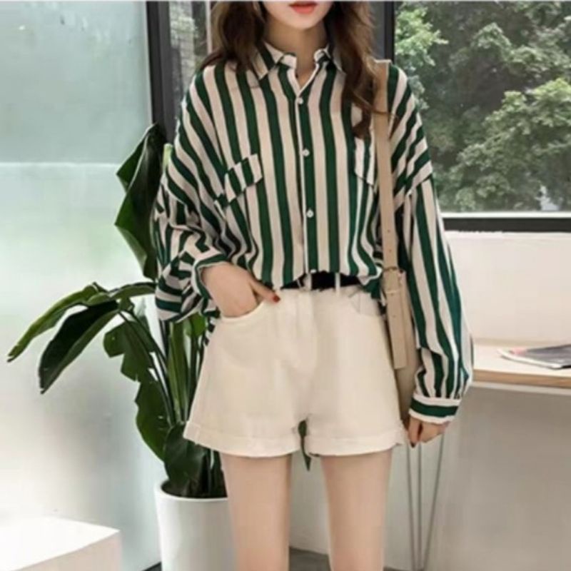 MDLV ~ 4106 CAROL STRIPED BLOUSE / KEMEJA GARIS IMPORT / FASHION KOREA TERBARU IMPORT