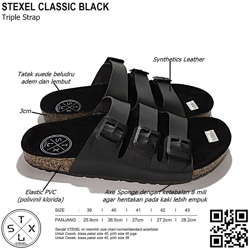Sandal Pria Tali3 / Triple Strap Black Stexel Classic