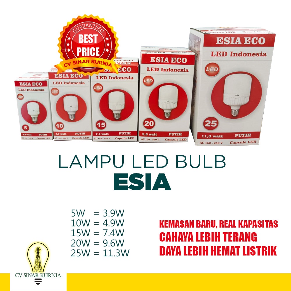 Lampu ESIA LED Bohlam Kapsul 5W 10W 15W 20W 25W Murah Terang Kualitas Mantap