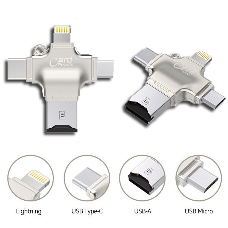 Topspot Paduan Aluminium 4 In 1 Pembaca Kartu Memori Type-C/Lightning/Micro TF Card OTG USB Card Reader untuk Android IPhone