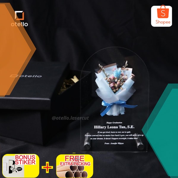 Murah Custom Panel Acrylic Bouquet Dried Flower | Hadiah Gift Frame Bunga - Bunga Biru Elegan
