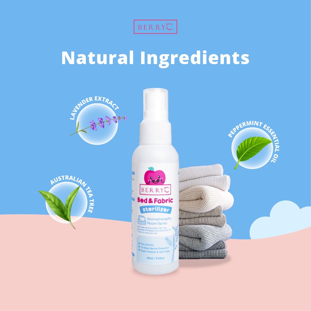 BerryC Bed &amp; Fabric Steriliser 100ml Spray Sanitizer Disinfectant Sterilizer Anti Tungau, Kutu Busuk, Bed Bugs, Serangga &amp; Bakteri Non Alcohol Alkohol Aman Kain, Kasur, Sofa, Baju, Perabotan, Furniture, Kemenkes, Essential Oil, Tea Tree Oil, Aromatherapy