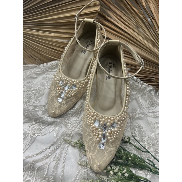 sepatu wedding wanita sayfira cream tali 5cm kaca