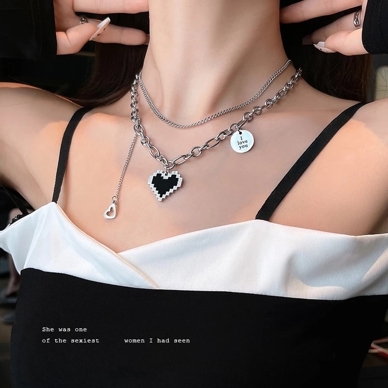 Kalung Choker Klavikula Liontin Hati Mosaik Hitam Lapisan Ganda Bahan Logam Gaya Elegan Untuk Wanita