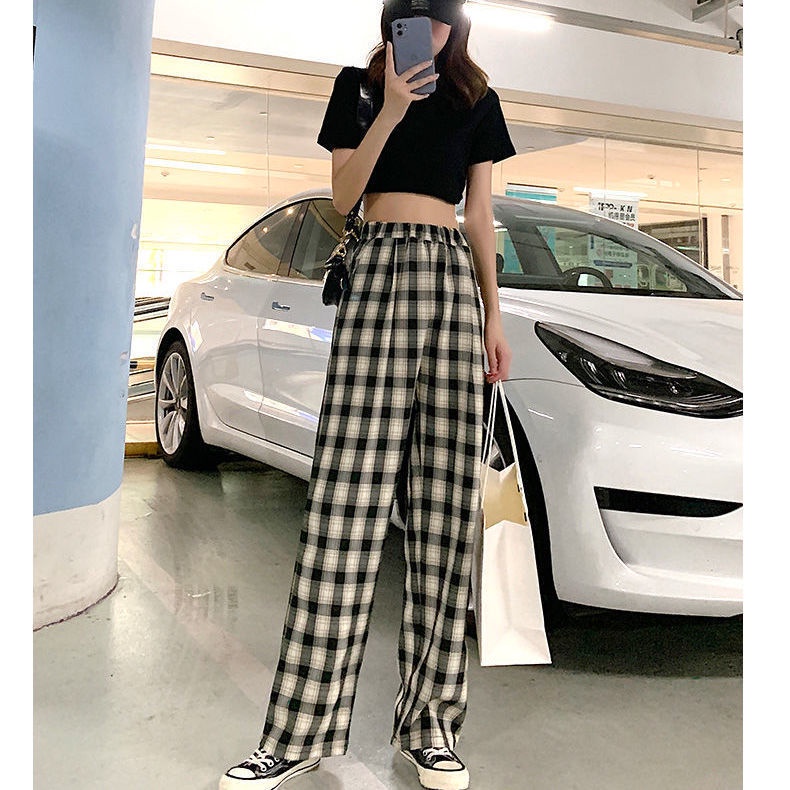 Celana Kotak Kotak Wanita Celana Highwaist Wanita Kulot Celana Korea Pinggang Elastis Celana Tartan