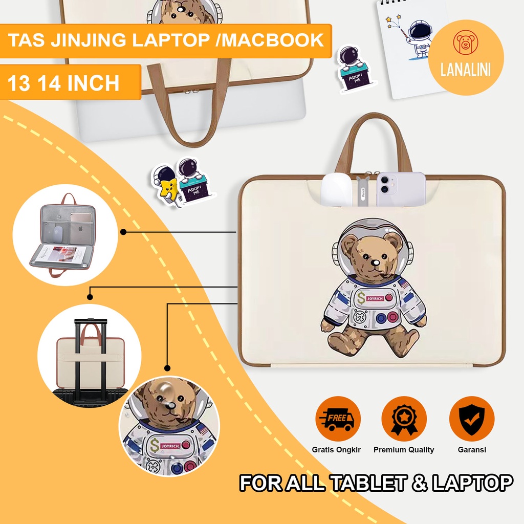 Sleeve Pouch Sarung Tas Bag Case Ipad Tab Tablet Macbook Air Pro Laptop Asus Acer Lenovo HP Huawei 11 12 13 14 15 inch Motif Gambar Kartun Space Astronot Beruang Bear Warna Coklat Brown Cute Murah Korean Model Jinjing Tali Strap Waterproof Tahan Air