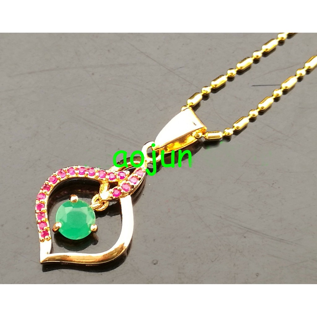Kalung Wanita NATURAL RED RUBY & EMERALD 9K Gold Filled
