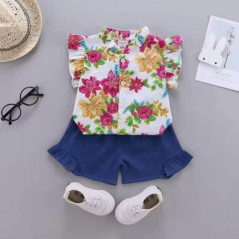 Setelan baju anak cewek kemeja pendek+celana jeans pendek motif kembang import-1