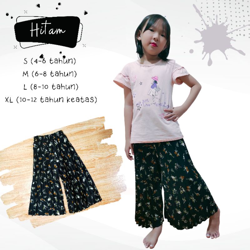 Celana KULOT PLISKET Motif 1-15 thn s/d  Dewasa  - MOTIF Lily & Exclusive TERBARU-Hitam-Lily
