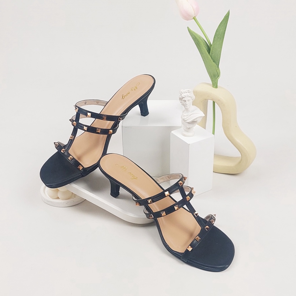 Ms MSW 01 Sandal High Heels Open Toe Wanita Impor Rockstud Ankle Strap Import