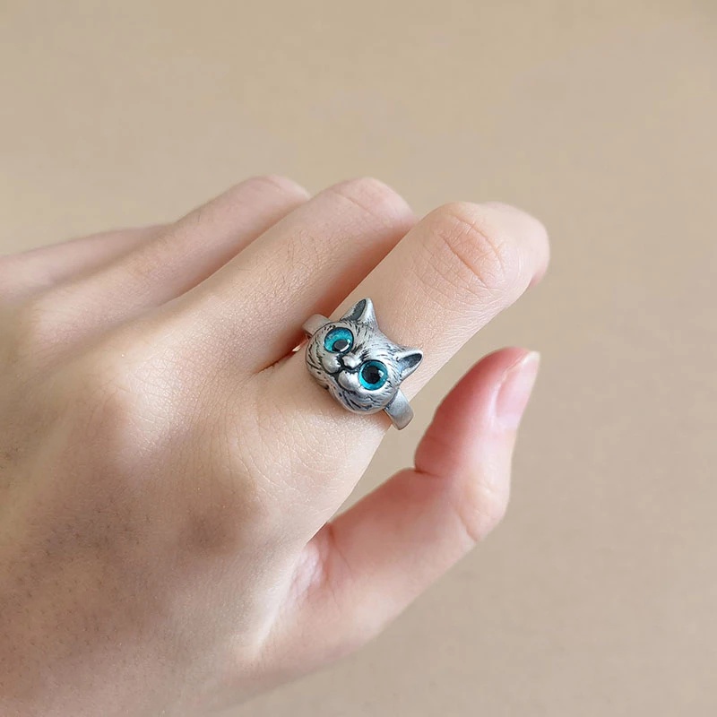 Cincin Model Terbuka Dapat Disesuaikan Desain Hewan Mata Kucing Warna Biru Gaya Vintage Untuk Wanita