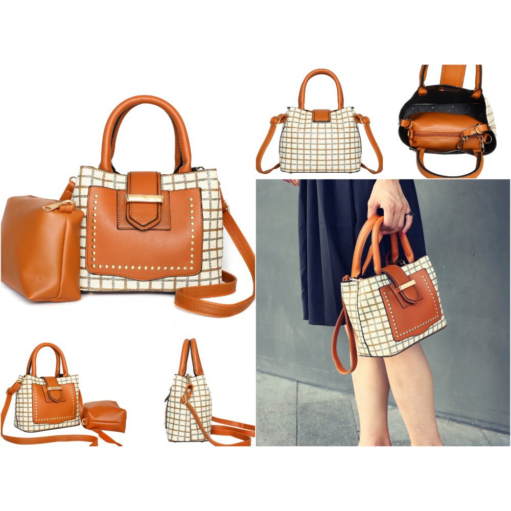 tas pundak selempang coklat oranye wanita motif kotak unik two pieces