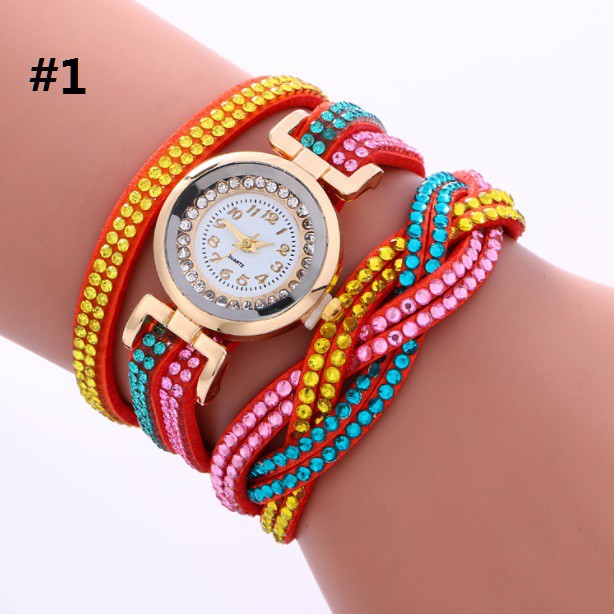 Jam Tangan Lilit Gelang Wanita #56 RAINBOW Korea Fashion Women Bracelet Watch Kulit PU Rhinestone