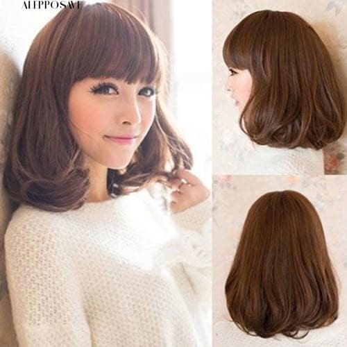 Wig brown panjang poni rambut palsu sedang cosplay tebal