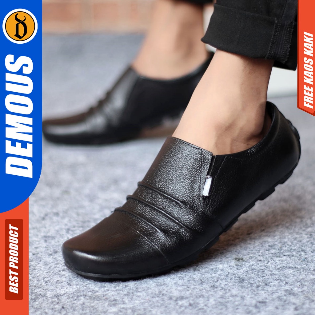 DEMOUS FOLD Sepatu Casual Formal Pantofel Kerja Kantor Pria Kulit Asli Hitam