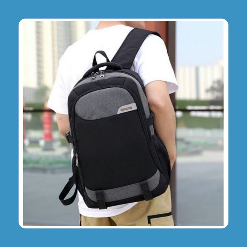 TAS RANSEL PUNGGUNG PLAT PRIA HITAM BACKPACK RANSEL SLOT  LAPTOP KOMBINASI TAS SEKOLAH/KULIAH EMOEMO