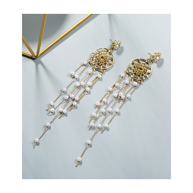 LRC Anting Tusuk Fashion Gold 925 Silver Needle Pearl Tassel Dreamcatcher Earrings F89462