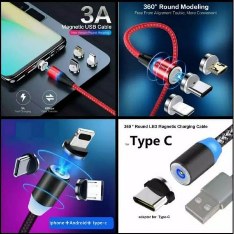 Kabel Magnet 3in1 Micro Lightning Type C / Cable Data Charger Magnetik USB Fast Charging (ORIGINAL USB)