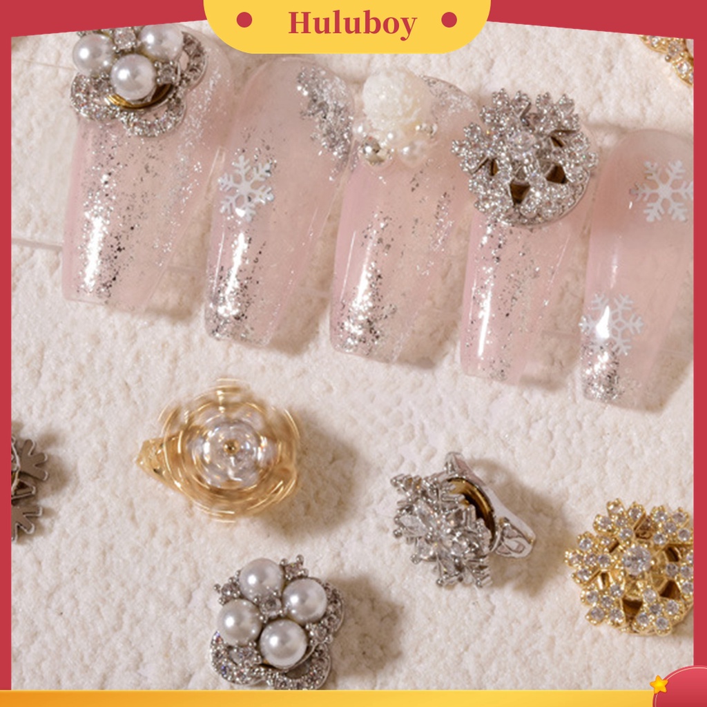Huluboy Huluboy♡ Hiasan Kuku 3D Bentuk Snowflake Aksen Zircon + Mutiara Imitasi Untuk Nail Art / Manicure