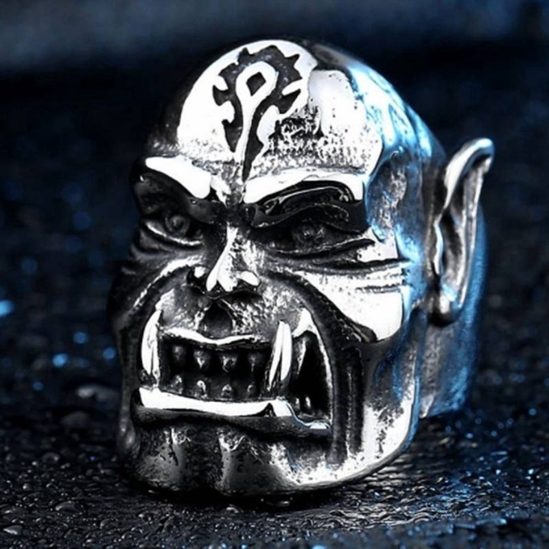 Cincin Kepala Orc World of Warcraft Pria, Retro Punk Ghost Head Ring Jewelry Ukuran 7-14XIANGXIAN